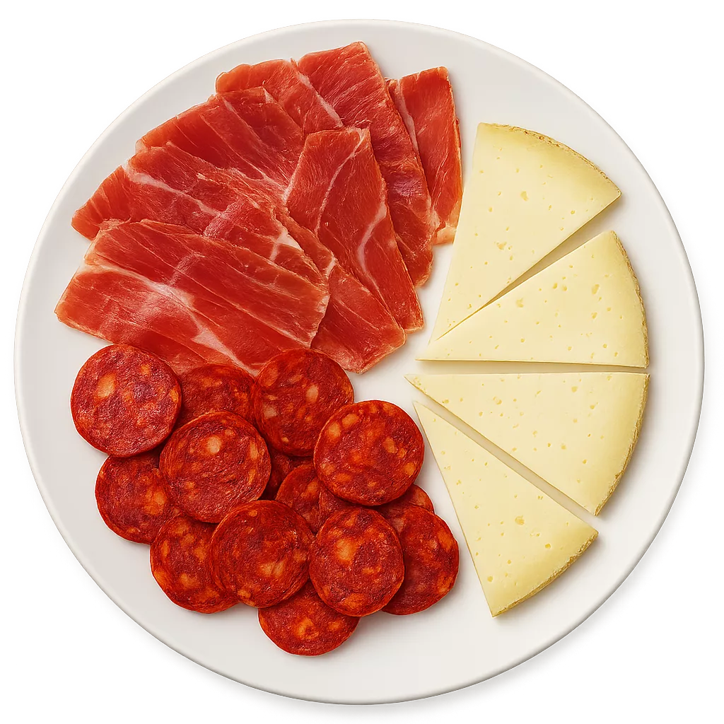 Plato de embutidos con jamón serrano, queso y chirozo